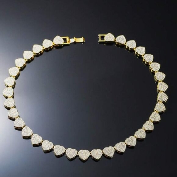 Gold Plated Heart Crystal Necklace Paved, Ice Out, Bling, Choker - Picture 13 of 14